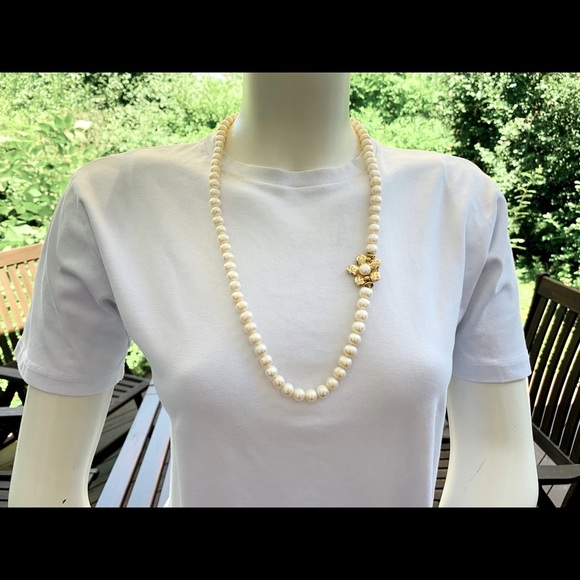 Vintage real pearl set long necklace bracelet earrings with real diamonds & gold - Picture 4 of 16
